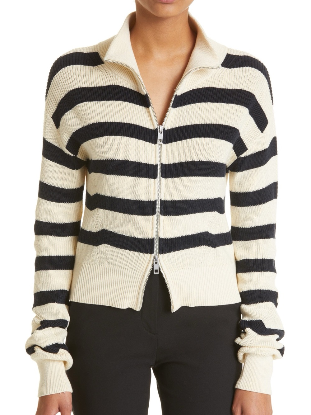 rag & bone Black and Cream Striped Zip-Front Sweater Amy Stripe Cotton zip